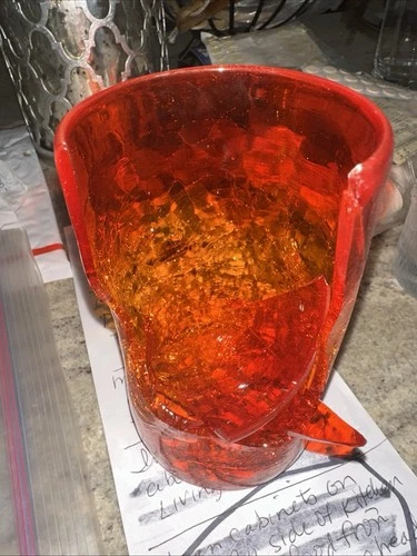 Handblown Blenko Amberina Tangerine Crackle Glass Pinched Tumbler BROKEN Mosaic