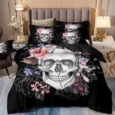 Skull Floral Duvet Cover Set Bedding Set Single Size Quilt Cover with Pillowcase