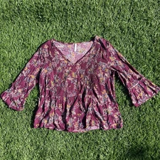 Xhilaration Burgundy Floral V-Neck Smocked Bell Sleeve Blouse L