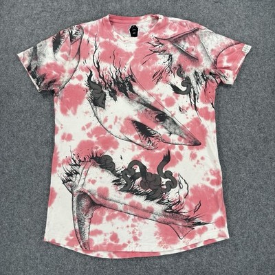 Drop Dead Shark Tie Dye Graphic T-Shirt Pink White Size Medium