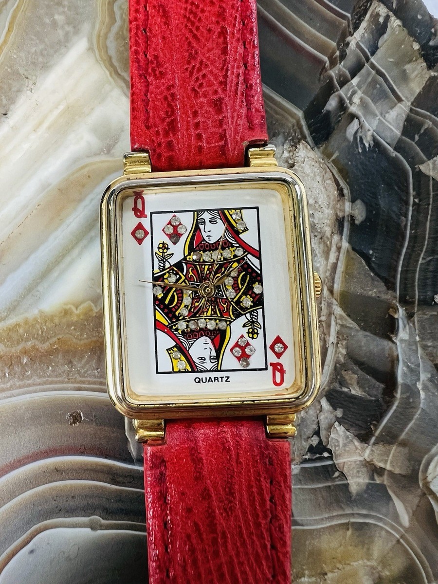 Vintage Queen of Diamonds Watch Women Gold Case Red Leather  display picture 2