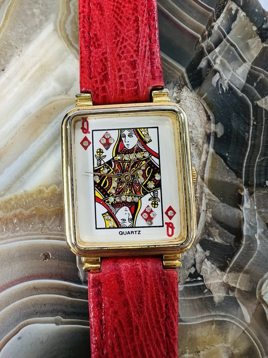 Vintage Queen of Diamonds Watch Women Gold Case Red Leather 