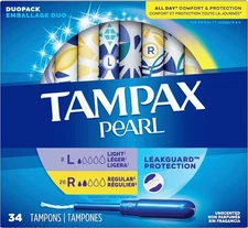 Tampax Pearl Duo Pack Light Regular Tampons 34 Count New female hygeine pack box