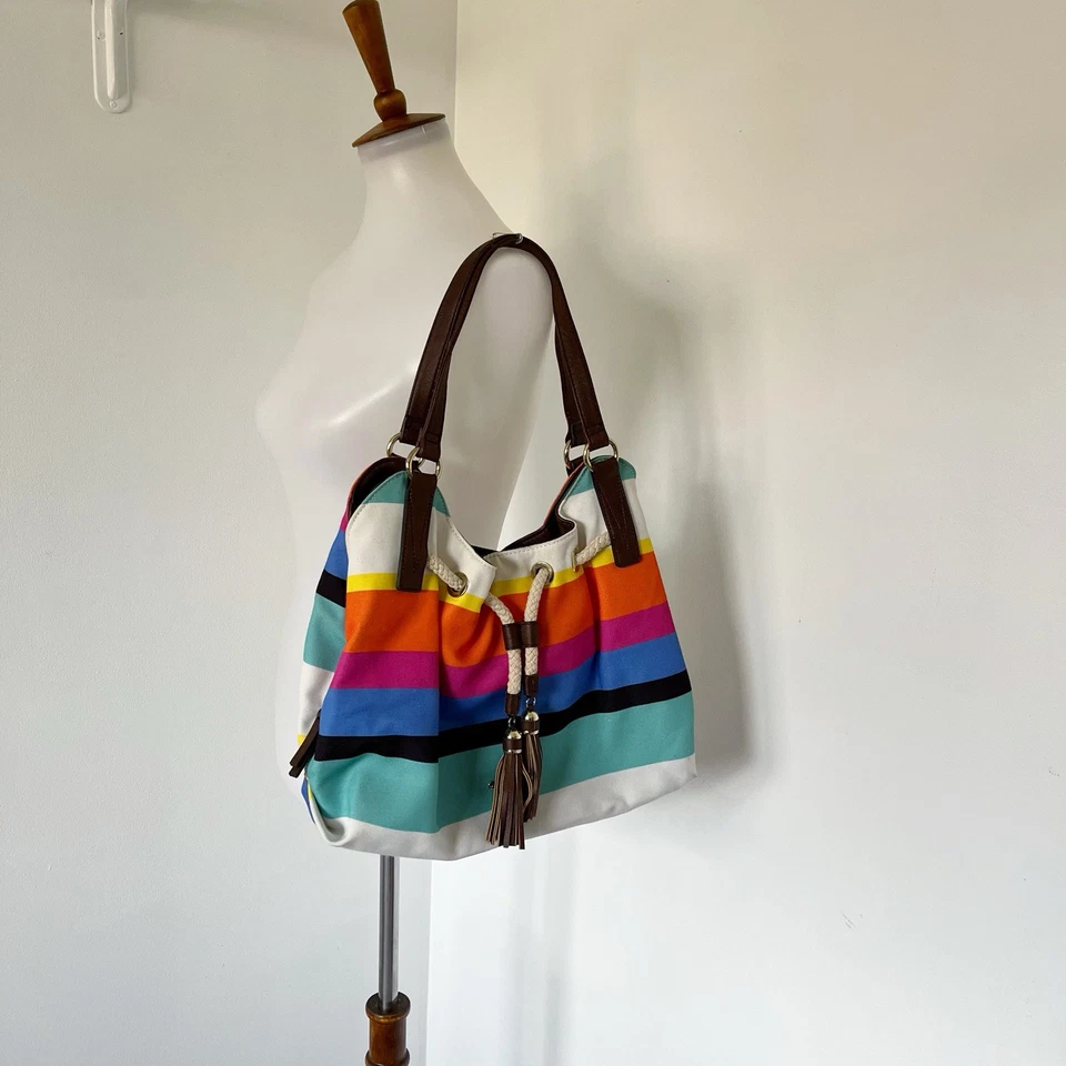 Liz Claiborne Purse Sectional Striped Rainbow Serape Canvas Faux Leather Handbag - Image 2 of 4