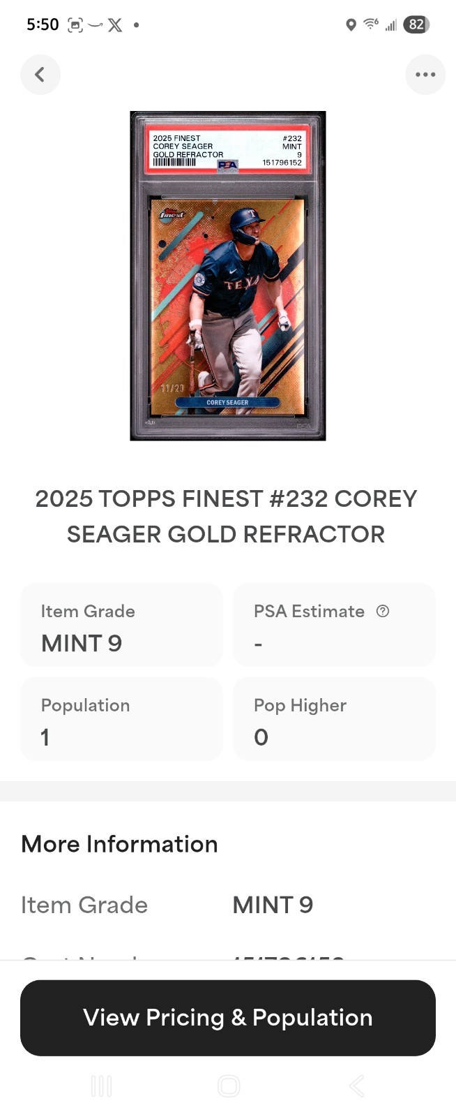 corey seager PSA 9 - POP 1 - 11/20 view 2