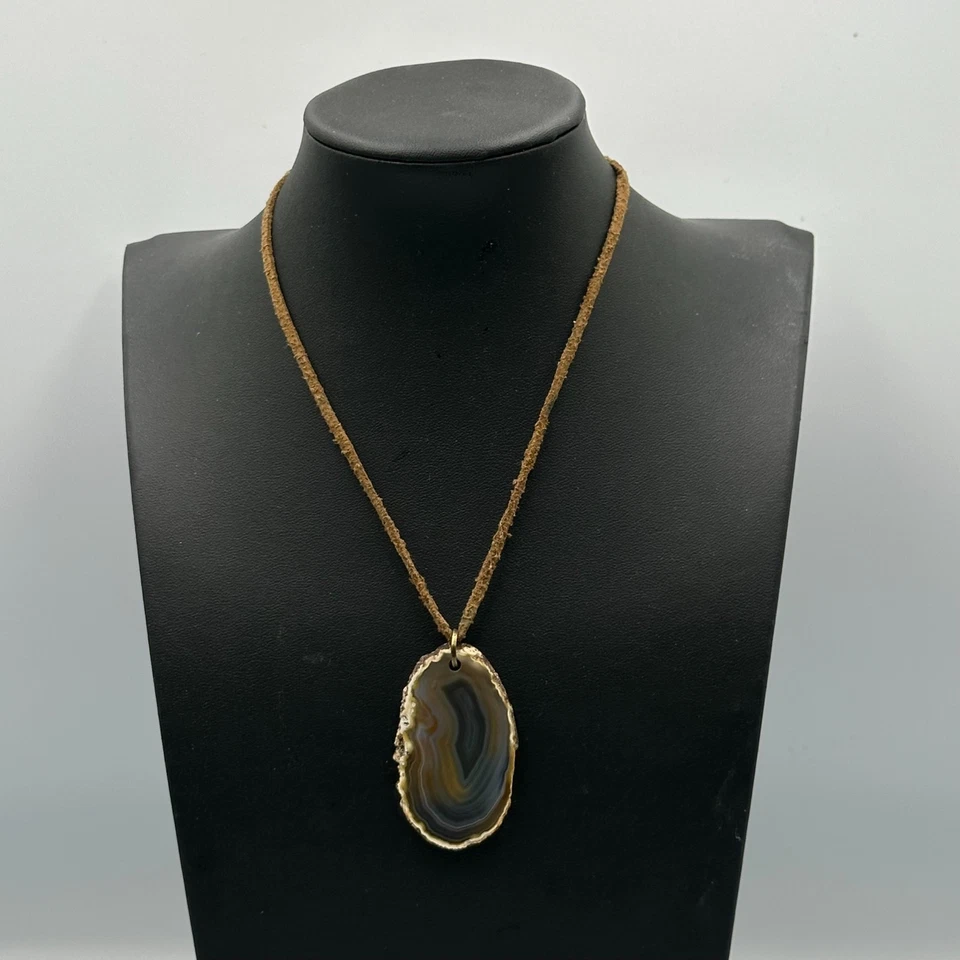 Collar Robert Rose Marrón Ágata Rebanada Colgante Cuero Cordón Piedras Preciosas Boho Foto 4 de 4