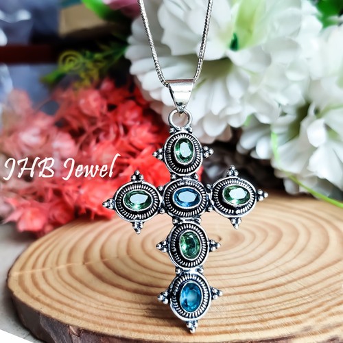 Facettierter Peridot & Blautopas Edelstein 925 Sterling Silber Kreuz Ostersch... - Bild 5 von 6