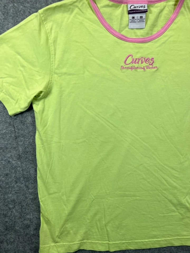 Camiseta CURVES Mujer Grande Verde Rosa Borde Crew Camiseta Gráfica Damas  Foto 3 de 4