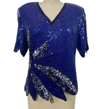 Vintage 90's Royal Blue Silk Fully Sequin Short Sleeve top Floral detail Size Sm