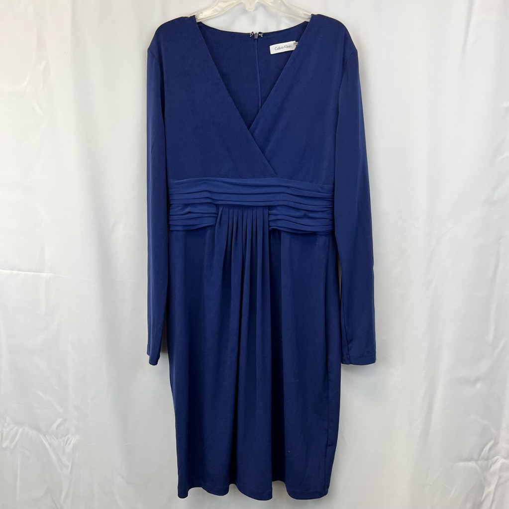 Calvin Klein Womens Sheath Dress Blue Knee Length Stretch V Neck Long Sleeve 6