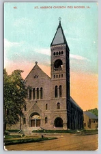 Postcard St Ambros Church DesMoines IA