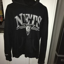 BROOKLYN NETS Hoodie Sweatshirt LARGE MITCHELL  NESS NBA Logo Black Basketball