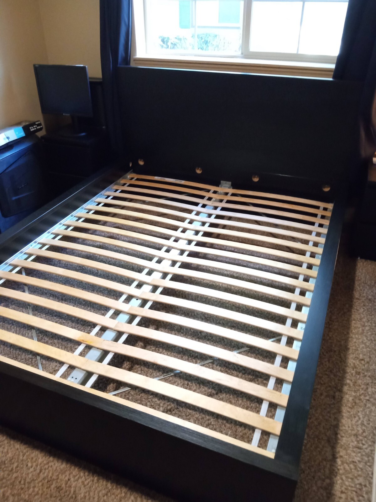 USED Ikea Queen Bed Frame (Malm, Black) + Slats (Ikea Luroy) LOCAL