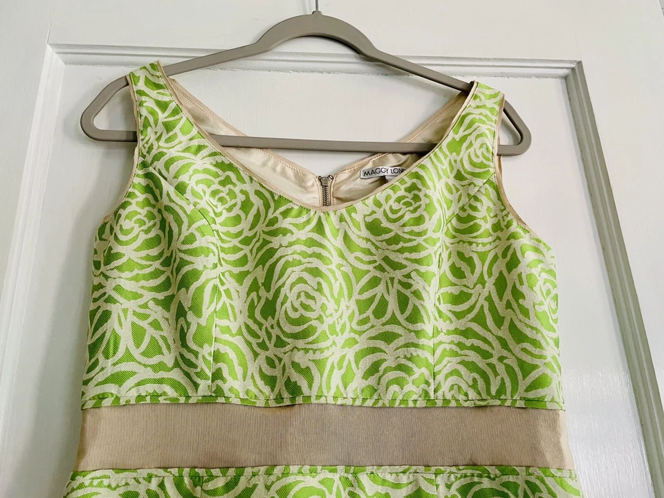 Vestido estilo vintage Maggy London talla 10 verde lima beige ribete sin mangas cremallera Foto 2 de 4