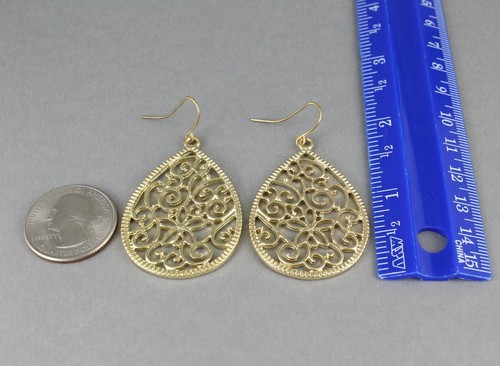 Gold teardrop earrings dangle cut out filigree scroll oval 2.25" long liteweight - Picture 7 of 10