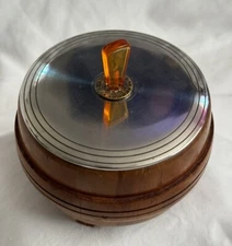 VTG Art Deco Acrylic Wind-up Music Powder Puff Box - Turned Wood & Steel MCM