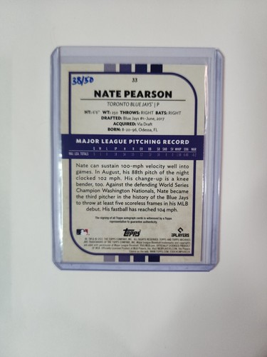 2021 Topps Archives Snapshots Blue Border Auto 38/50 RC (Nate Pearson #33) - Picture 2 of 3