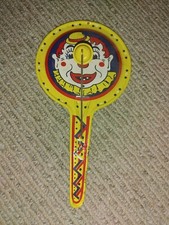 Antique Kirchof Tin Litho Toy Clown Noisemaker Paddle 8 " Yellow Blue