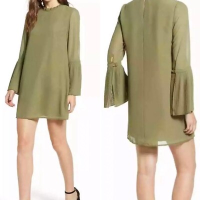Cupcakes & Cashmere Womens Size XS Dusty Olive Malina Dress Accordion Pleated