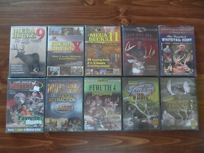10 NEW HUNTING DVD LOT; MEGABUCKS, etc. 8 DEER. 2 BIG GAME. BOW. GUN. Sports.
