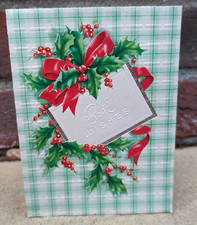 Vintage Used 1940's Holly Bow Berries USA Christmas Greeting Card (EB10274)