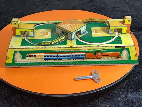 Schylling Vintage Russian Wind-Up Tin Metal Train Station -W/Key - Works!