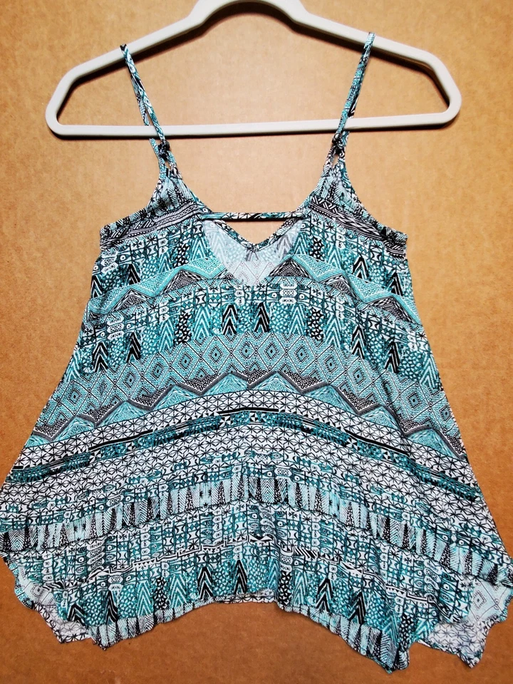 Mossimo Womens Sleeveless Camisole Shirt Top XS Blue Print Handkerchief Hem - Image 4 of 4