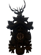 Black Forest Cuckoo Clock Stag Antler Carved Wooden Hunters Musical sold as seen