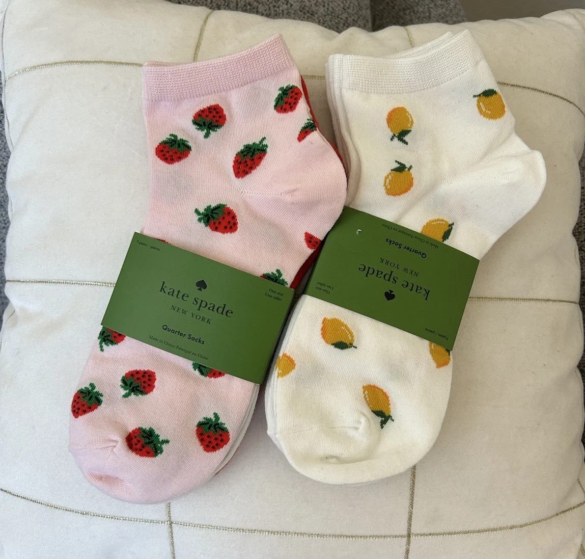 New! Kate Spade 6 Pairs of Women's Shortie Crew Socks Strawberries Lemons Pink