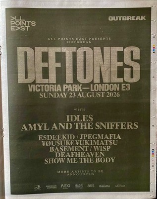 Deftones Idles Live Tour All Points East Festival 2026 News Advert Poster 14x11