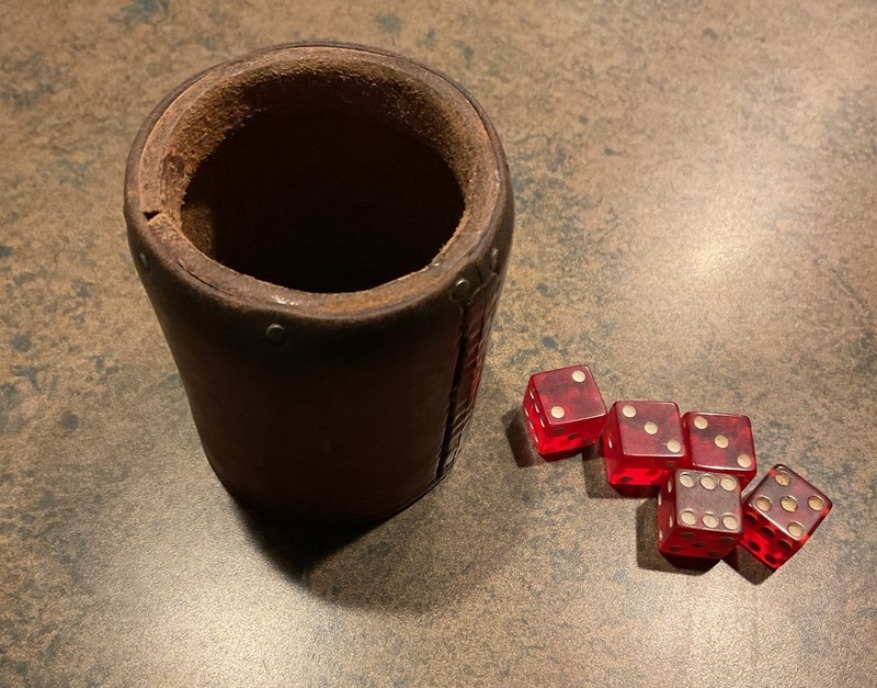 Antique Hand-Stitched Leather Dice Cup & 5 Vintage Red Bakelite (?) Dice
