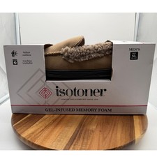 Isotoner Mens 11-12 XL Memory Foam Slippers Tan Sherpa Lined Indoor Outdoor 0690