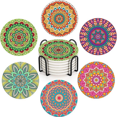 Coaster for Drinks Set of 6, Moroccan Bohemian Mandala Colorful Pink Green Absor