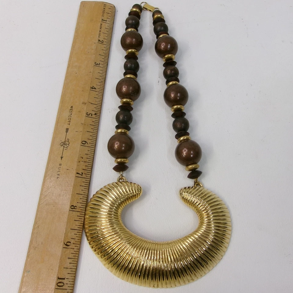 Collar llamativo vintage colgante de oro cuentas de madera audaz boho chic joyería Foto 3 de 4