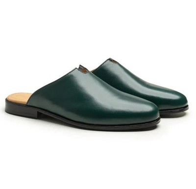 Handgefertigte Leder Pantoletten, Slipper Halbschuhe Herren, grün, elegante Freizeitschuhe UK