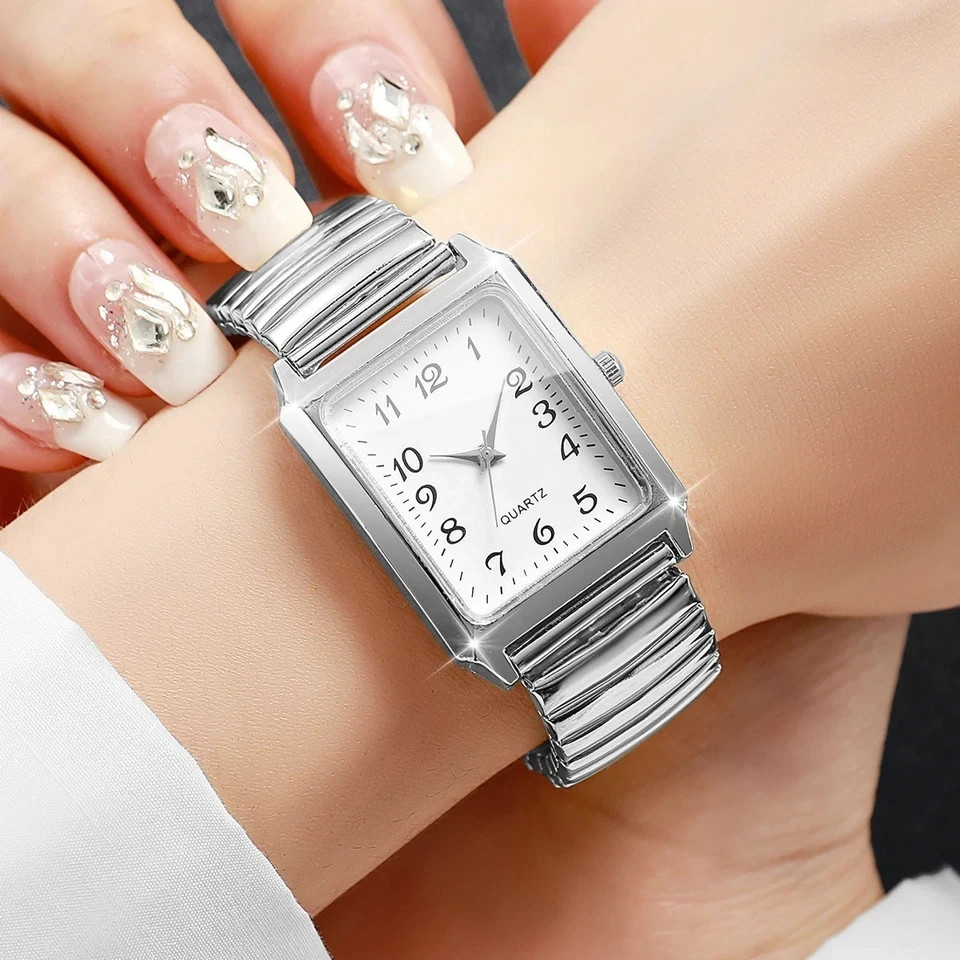 Women Quartz Watch Arabic Dial Rectangle Elastic Strap Casual Ladies Wristwatch