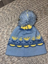 vintage OBERMEYER WOOL Blend SKI BEANIE CAP POM POM BLUE YELLOW One Size
