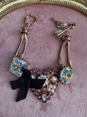 Betsey Johnson Hanging Hearts Boost Lavender Heart Rose Gold Flower Bow Bracelet