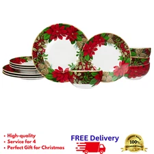 12-Piece Blooms Dinnerware Set Porcelain Red Poinsettia Christmas Table Setting