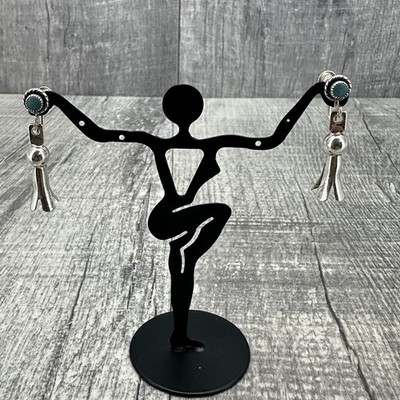 Vintage Navajo Sterling Silver Turquoise Squash Blossom Dangle Earrings 1.25 In