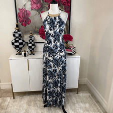 Michael Kors Women's Paisley Halter Neck Sleeveless Maxi Dress Blue White XS