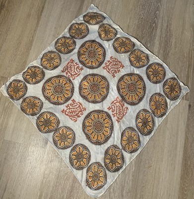 Vintage Style 100% Silk Square Scarf Made in India White Orange Brown Woven