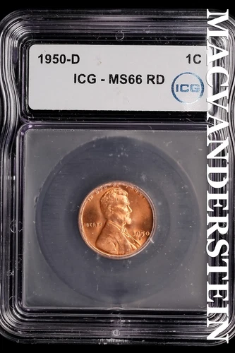 1950-D Lincoln Wheat Cent-ICG MS 66 RD Choice Gem BU No Reserve #SLL915