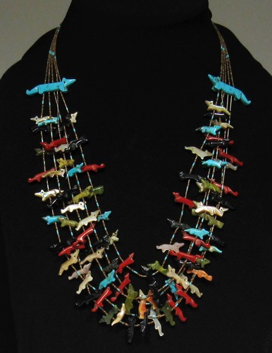 VINTAGE J. Shika Zuni 5 Strand Turquoise Coral Jade Jet Fox Fetish Necklace 22”