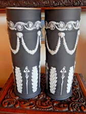 Wedgwood MIE - Black DIP Jasper - 10 " - Acanthus  Spill Vases - PAIR  (2)