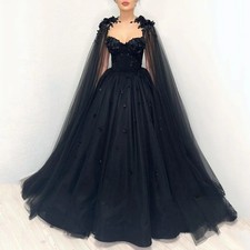 Black Wedding Dress Pearls Flowers A Line Tulle Corset Bridal Gown with Cape
