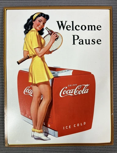 Tennis Coca-Cola Sign “Welcome Pause” 16x12 Metal Wall Sign. Cool Vintage Retro.
