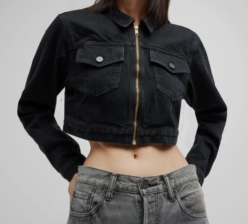 $336 Snacks Mother Women's Black The Chiclet Zip Crop Denim Jacket Size S