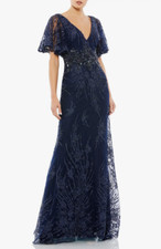 NEW Mac Duggal Navy Blue Sequin Lace Embroidered Formal Gown Dress Size 18