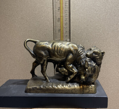 RARE Vintage Mid-Century Bronze SCULPTURE Bear Bull Fight On Stone Base.